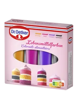 Dr. Oetker Lebensmittelfarben Rosa, Violett, Schwarz und Orange