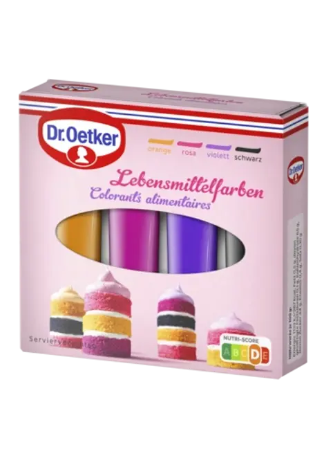 Dr. Oetker Lebensmittelfarben Rosa, Violett, Schwarz und Orange