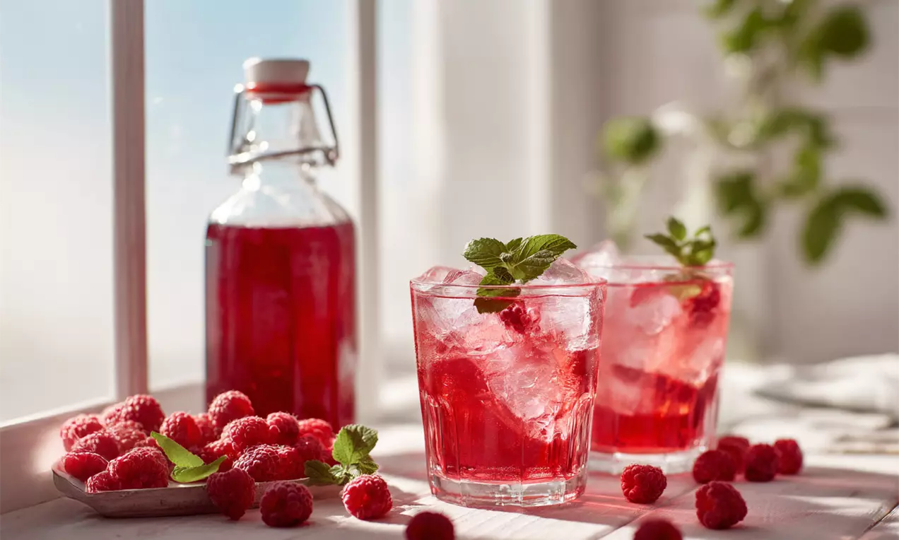 Deux verres transparents remplis de glace et sirop de framboise rouge vif, garnis de feuilles de menthe, entourés de framboises fraîches