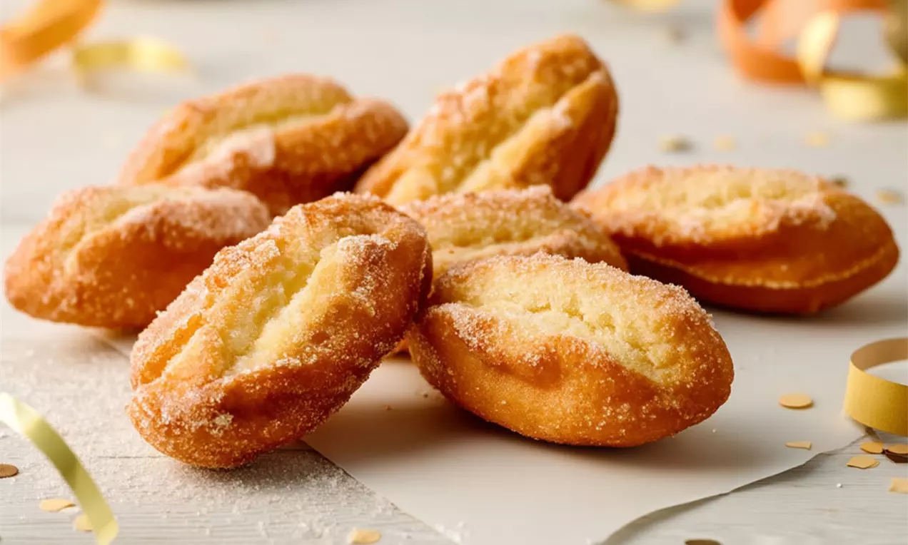 Schenkeli liegen auf einem weissen Tisch, dekoriert mit goldiger Fasnachts-Deko und Zucker der unter ihnen liegt.
