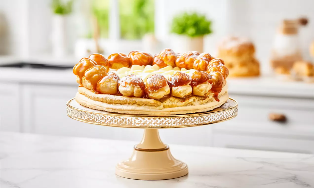 Saint-Honoré-Torte mit goldbraunen Profiteroles, Sahnetupfen und zart glänzendem Karamell auf eleganter Kuchenplatte aus Porzellan