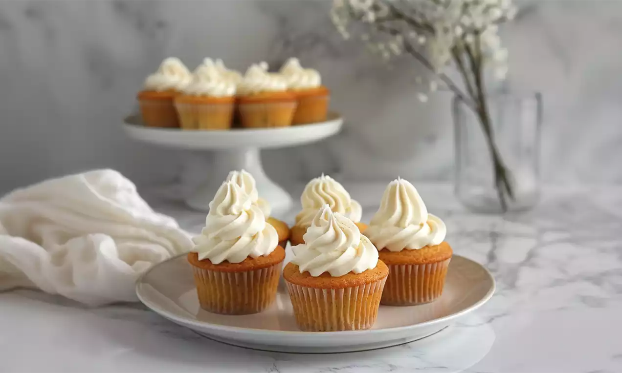 Vanille-Cupcakes in goldbraunen Förmchen mit cremigen weißen Sahnehauben auf einem weißen Teller vor marmoriertem Hintergrund drapiert