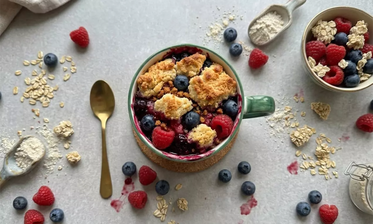Tassenkuchen mit goldbrauner Kruste und saftigen Beeren, umgeben von Heidelbeeren, Himbeeren, Haferflocken und Mehl auf hellem Untergrund, AI-labeled image