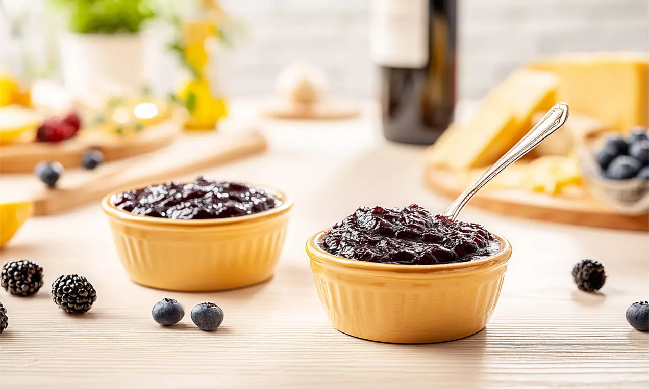 Tiefrote, glänzende Beeren-Chutney-Masse in gelben Keramikschüsseln, garniert mit frischen Beeren auf einem hellen Holztisch