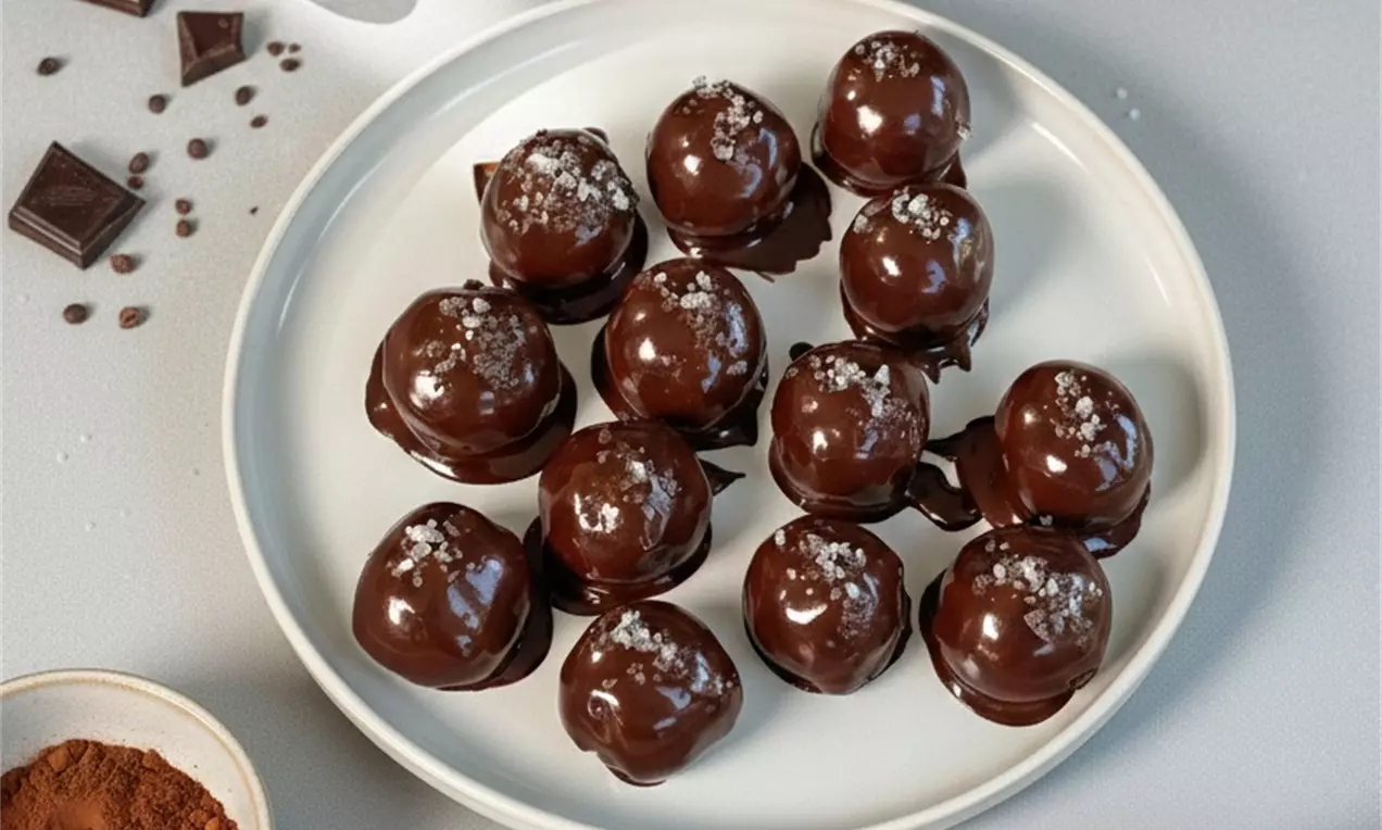Brownie Balls mit Schokoglasur auf einem weissen Teller liegend. Als Deko liegen Schokolade, Vanilleschoten und Datteln auf dem Tisch.
