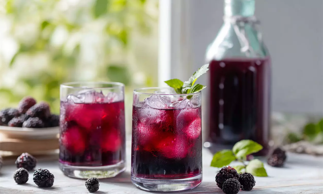 Zwei Gläser mit tiefrotem Brombeersirup und Eiswürfeln, dekoriert mit frischen Minzblättern, daneben eine Flasche und frische Brombeeren