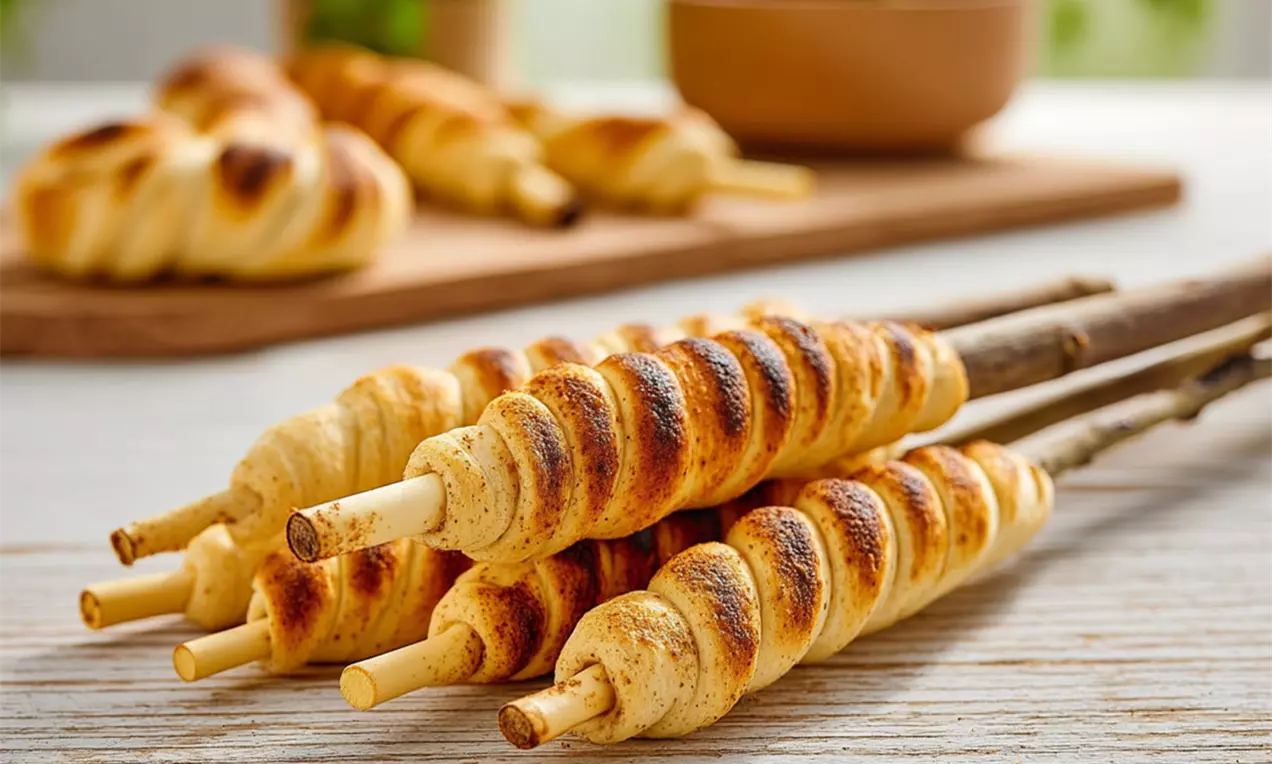 Goldbraunes, spiralförmiges Schlangenbrot mit leichter Röstaromen auf Holzstöcken, arrangiert auf einem hellen Holztisch im rustikalen Stil