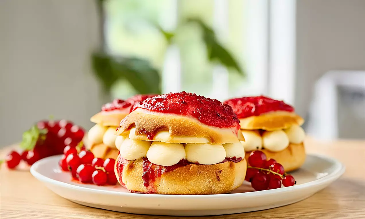 Petits gâteaux dorés garnis de crème vanillée et coulis de groseilles rouges, accompagnés de grappes fraîches sur une assiette blanche