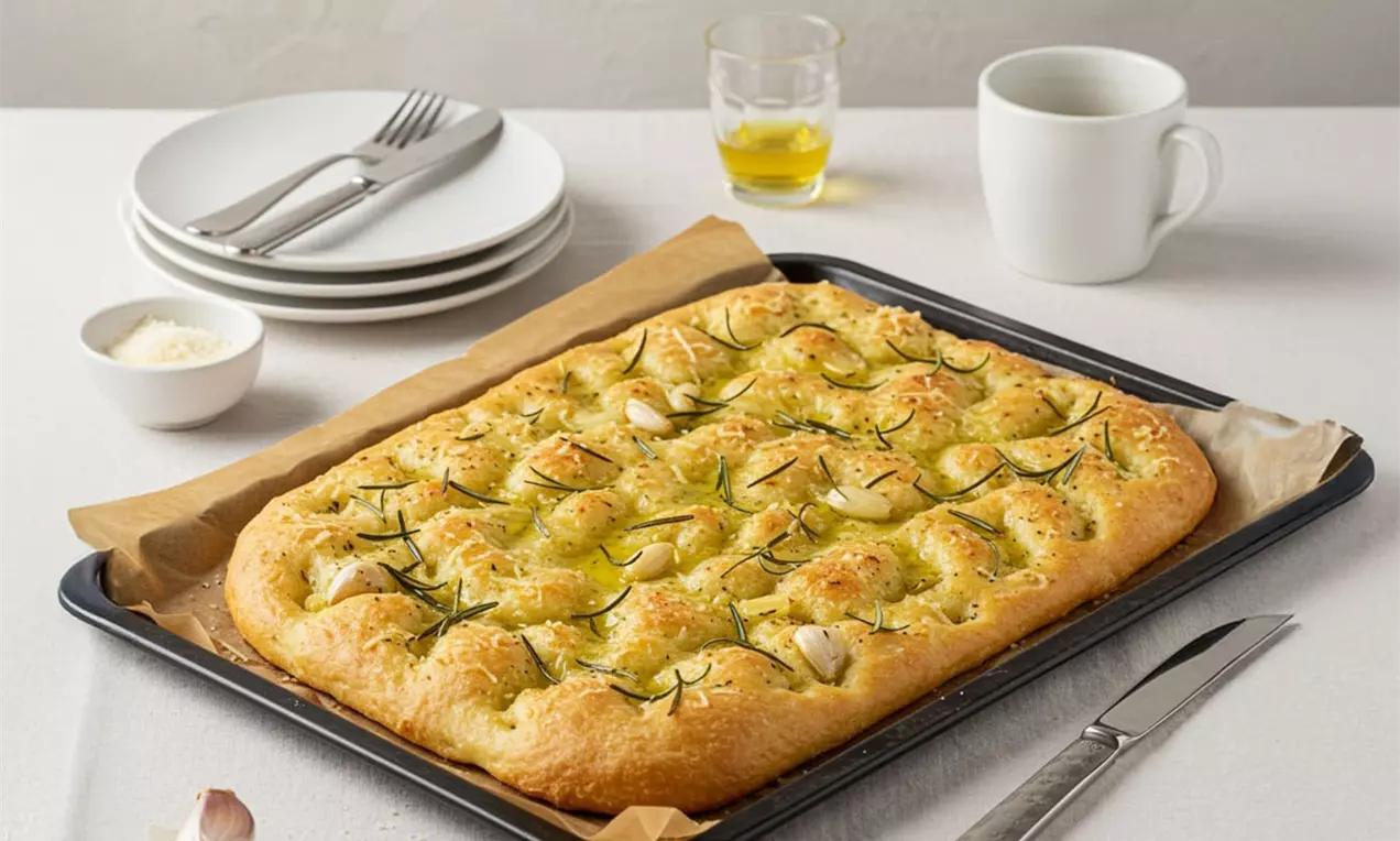 Focaccia mit Rosmarin und Knoblauch auf der Focaccia und auch daneben auf dem weissen Tisch. Zudem liegt Geschirr und Besteck auf dem Tisch