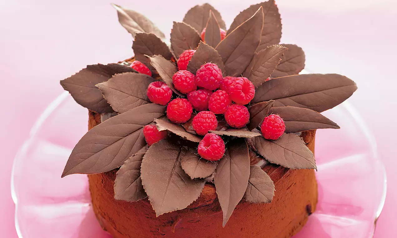 Schokoladenblätter in dunklem Braun mit roten Himbeeren arrangiert auf einer runden Torte mit schokoladiger Textur auf Glasplatte