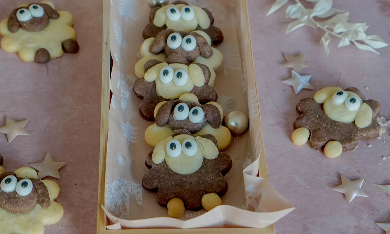 Niedliche Weihnachtsschäfchen-Plätzchen aus hell- und schokoladenfarbenem Teig mit Zuckeraugen, in einer Holzschachtel auf rosa Hintergrund