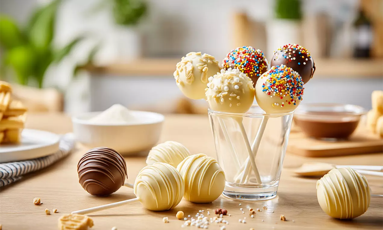 Bunte Cakepops auf weißen Stielen im Glas arrangiert, dekoriert mit Streuseln, Nüssen und Schokolade, auf einem Holztisch mit Backzutaten