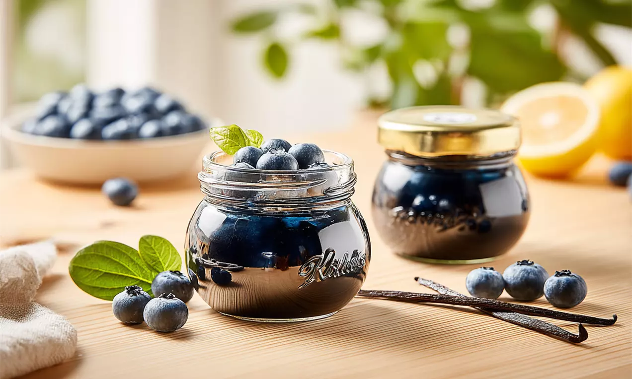 Gläser mit dunkelvioletter Heidelbeerkonfitüre, garniert mit frischen Heidelbeeren und Vanilleschoten auf einem hellen Holztisch